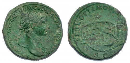 340 - TRAJANO. Sestercio. Roma (103-111 d.C.). A/ Cabeza laureada a der. con égida sobre el hombro izq.; IMP CAES NERVAE TRAIANO AVG GER DAC P M TR P COS V P P. R/ Puente de Trajano construido por Apolodoro sobre el Danubio; SPQR, OPTIMO PRINCICPI, SC. RIC-569. Bonita pátina verde con algunas concreciones. MBC. Rara.