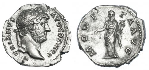 344   -  ADRIANO. Denario. Roma (134-138). R/ Moneta a izq. con balanza y cornucopia; MONETA AVG. RIC-256. Cospel abierto. EBC-.