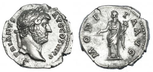 344 - ADRIANO. Denario. Roma (134-138). R/ Moneta a izq. con balanza y cornucopia; MONETA AVG. RIC-256. Cospel abierto. EBC-.
