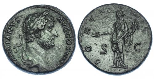 346 - ADRIANO. Sestercio. Roma (135). R/ Fortuna a izq. con pátera y cornucopia; FORT(VNA AVG), S-C. RIC-812. Pátina verde. MBC+.