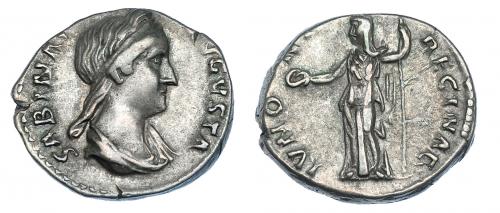 348 - SABINA. Denario. Roma. R/ Juno a izq. con pátera y cetro; IVNO REGINAE. RIC-395. MBC.