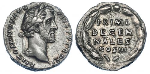 356 - ANTONINO PÍO. Denario. Roma (146-147). R/ Corona cívica rodeando PRIMI/ DECEN/NALES/COS IIII. RIC-171b. MBC. Rara.