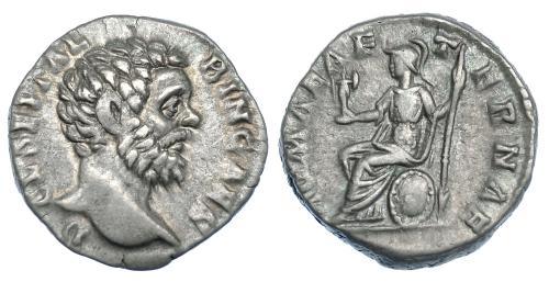 388 - CLODIO ALBINO. Denario. Roma (193-195). R/ Roma sentada a izq. con lanza y palladium; ROMAE AETERNAE. RIC-11. MBC. Escasa.