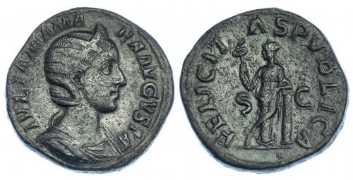 407 - JULIA MAMEA. Sestercio. Roma (222-235). R/ Felicitas a der. apoyada en columna y con caduceo. RIC-676. Pátina verde oscuro con pequeñas erosiones. MBC.