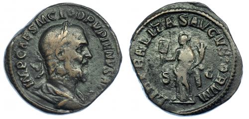 414 - PUPIENO. Sestercio. Roma (238). A/ Busto laureado y drapeado a der. R/ Liberalitas a izq. con ábaco y cornucopia; LIBERALITAS AVGVSTORVM, S C. RIC-14. Pequeñas erosiones. BC+. Muy escasa.