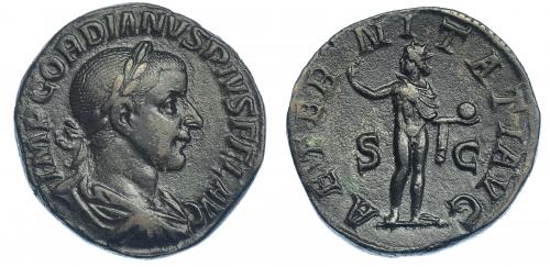 416 - GORDIANO III. Sestercio. Roma (238-244). R/ Sol mirando a izq. con globo y mano levantada; AETERNITATI AVG, S-C. RIC-297a. Pátina oscura. MBC+.