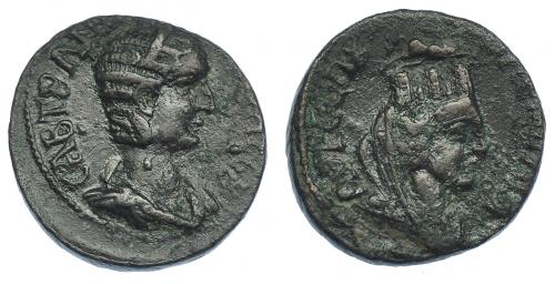 418 - TRANQUILINA. AE-27. Singara (Mesopotamia) (243-244). R/ Tyche a der. con centauro sobre la cabeza. RPC-VII.2, id. 2106. Algo descentrada. Concreciones en rev. MBC/MBC-. Escasa.