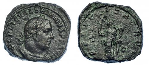 427   -  VALERIANO I. Sestercio. Roma (254). R/ Felicitas a izq. con caduceo y cornucopia; FELICITAS AVGG, S-C. RIC-157. MBC/BC+.