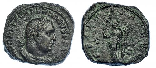 427 - VALERIANO I. Sestercio. Roma (254). R/ Felicitas a izq. con caduceo y cornucopia; FELICITAS AVGG, S-C. RIC-157. MBC/BC+.