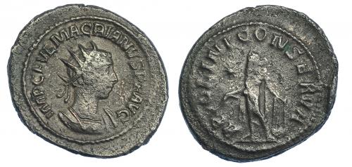 428   -  MACRIANO. Antoniniano. Antioquía (260-261). R/ Apolo a izq. con lira y rama de laurel, en campo estrella; APOLINI CONSERVA. RIC-6. MBC/BC+. Rara.