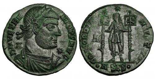 437 - VETRANIO. Centenionalis. Siscia (350). R/ Emperador de frente con dos lábaros; CONCORDIA MILITVM, en campo A, en exergo .ASIS. . RIC-274. Leve vano. EBC. Rara.