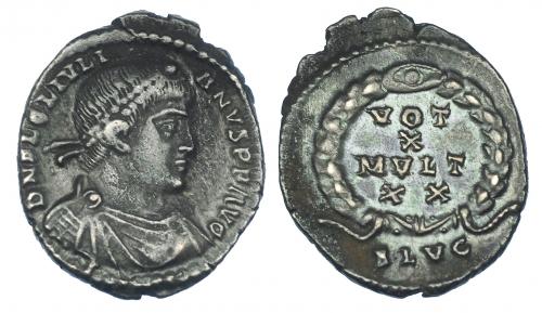 439 - JULIANO II. Silicua. Lugdunum (361-362). R/ VOT/X/MVLT/XX, exergo SLVG. RIC-234. MBC/MBC+.