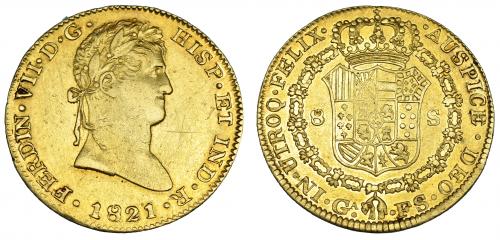 590 - 8 escudos. 1821. Guadalajara. FS. Busto sin manto. VI-1453. Finas rayitas en anv. MBC+/EBC-. Rara.