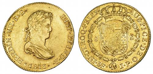 591   -  8 escudos. 1813. Lima. JP. VI-1465. R.B.O. MBC/MBC+. Escasa.