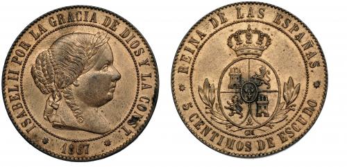 605   -  5 céntimos de escudo. 1867. Barcelona OM. VI-198. B.O. EBC.