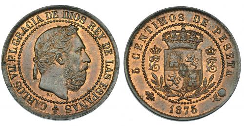 633 - 5 céntimos. 1875. Bruselas. Reverso girado 200º. VII-116.1 vte. Acuñación floja en rev. R.B.O. EBC.