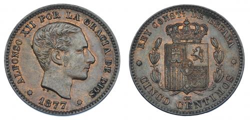 637   -  5 céntimos. 1877. Barcelona. OM. VII-42. R.B.O. EBC/EBC-.