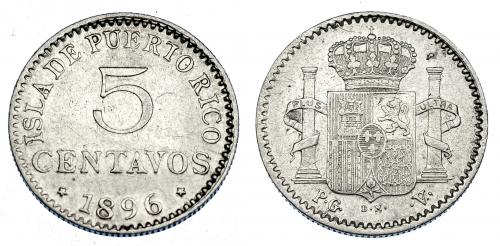 664   -  5 centavos de peso. 1896. Puerto Rico. VII-139. MBC+/MBC.