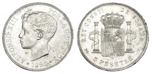 678 - 5 pesetas. 1896*18-96. Madrid. PGV. VII-188. Pequeñas marcas. R.B.O. EBC.
