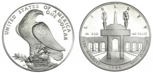 715 - ESTADOS UNIDOS DE AMÉRICA. Estuche de 3 monedas. Olimpiada: 1 dólar 1983 y 1984 y 10 dólares 1981. KM-209, 210, 211. Prueba.