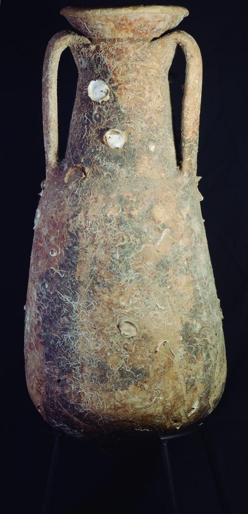 2046 - ROMA. Imperio Romano. Ánfora (Primera mitad I d.C.). Cerámica. Tipo Dressel 7. Altura 68,7 cm. Con incrustaciones marinas y parte distal fragmentada.