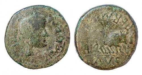 8 - EMERITA. As. Augusto. A/ Cabeza femenina a der.; AVG EMERI. R/ Yunta fundacional a der.; PERM (CAE) AVG. AE 13,78 g. RPC-5. APRH-5a. ACIP3364. CC-3845, mismo ejemplar. Pátina verde oscuro. BC-/BC+. Rara.
