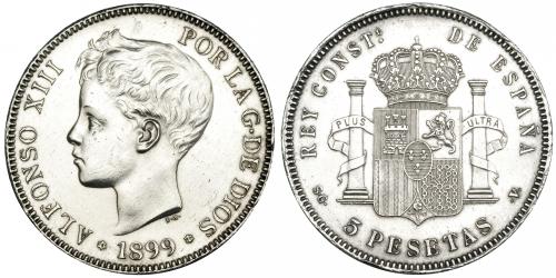 3140   -  5 pesetas. 1899*18-99. Madrid. SGV. VII-191. Limpiada. EBC-.