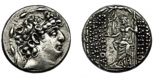 105   -  REINO SELÉUCIDA. Filipo I Filadelfo. Tetradracma (95-83 a.C.). A/ Cabeza a der. R/ Zeus entronizado a izq. Con Nike y cetro. AR 15,37 g. 25,9 mm. SBG-7196. Pequeñas marcas. MBC.