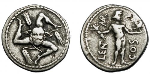 107   -  CORNELIA. Denario. Apolonia (Asia, 49 a.C.). A/ Trisqueles con espigas y cabeza de Medusa. R/ Júpiter a der. con fulmen y águila; LENT MARC COS. AR 3,89 g. 17,8 mm. CRAW-445.1b. FFC-645. Dos contramarcas.  MBC/MBC-.