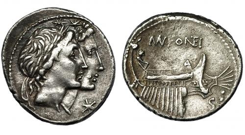 109   -  FONTEIA. Denario. Roma (108-107 a.C.). A/ Cabezas de los Dioscuros a der., delante marca X con palo transversal. R/ Galera con timonel a der., encima MV FONTEIA, debajo S:. AR 3,85 g. 19,2 mm. CRAW-307.1. FFC-714. MBC+.