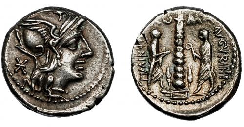 110   -  MINUCIA. Denario. Roma (134 a.C.). R/ Columna en espiral flanqueada por dos figuras togadas con instrumentos sacerdotales; TI MVNICI(F) AVGVRINI, RO-MA. AR 3,98 g. 19,3 mm. CRAW-243.1. FFC-925. MBC+.