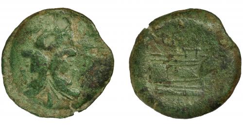 114   -  CNEO POMPEYO. As. Hispania. A/ Cabeza de Jano; I. R/ Proa a der., encima CN MAG (I), debajo (IMP). AE 23,50 g. 34,9 mm. CRAW-471.1. RPC-486. Pátina verde. BC. 