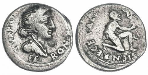 123   -  AUGUSTO. Denario. Roma (19 a.C.). A/ Busto de Feronia a der; TVRPILL(IANVS) F, FERON III VIR. R/ Parto arrodillado a der. con vexillum; CAESAR AVGVSTVS SIGN RECE. AR 3,31 G. 18,3 g. RIC-288. FFC-305. Rayitas y contramarcas. BC+. Muy escasa.