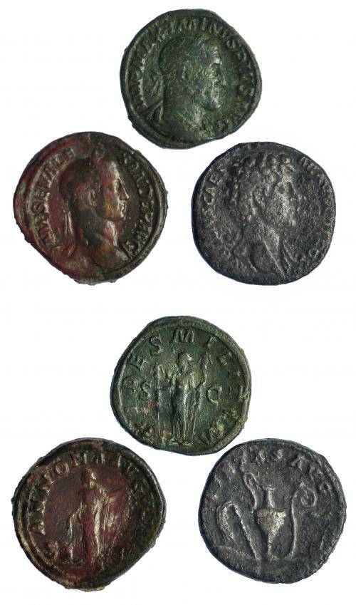 128   -  Lote de 3 sestercios: Marco Aurelio, Maximino I y Alejandro Severo. BC+.