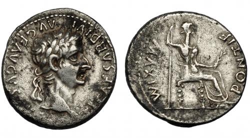 135   -  TIBERIO. Denario. Lugdunum (36-37 d.C.). R/ Livia entronizada a der. con cetro y espigas, patas del trono decoradas; PONTIF MAXIM. AR 3,71 g. 18,2 mm. RIC-30. Leves oxidaciones. MBC/MBC-.