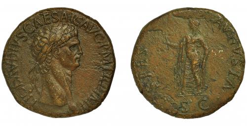 138   -  CLAUDIO I. Sestercio. Roma (41-50). A/ Cabeza laureada a der.; TI CLAVDIVS CAESAR AVG P M TR P IMP. R/ Spes a izq. con flor y levantándose la túnica; SPES AVGVSTA, SC. AE 26,31 g. 33,1 mm. RIC-99. Porosidades. EBC-/MBC+.