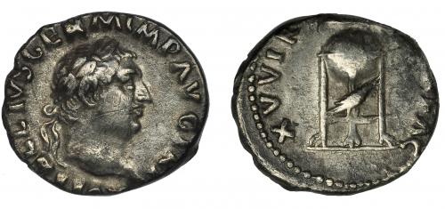 143   -  VITELIO. Denario. Roma (69 d.C.). R/ Trípode con delfín y cuervo; XV VIR (SACR FAC). AR 3,28 g. 18 mm. RIC-70. Algo descentrada. Rayitas en anv. MBC.
