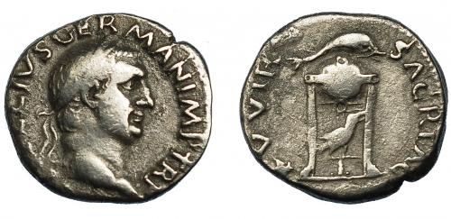 144   -  VITELIO. Denario. Roma (69 d.C.). R/ Trípode con delfín y cuervo; XV VIR SACR FAC. AR 2,83 g. 16,7 mm. RIC-86. MBC-.
