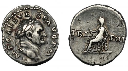 146   -  VESPASIANO. Denario. Roma (71 d.C.). R/ Vesta sentada a izq. con símpulo; TRI-POT. AR 3,26 g. 18 mm. RIC-46. MBC/BC+.