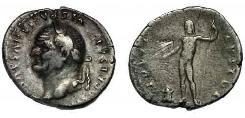 150   -  VESPASIANO. Denario. Roma (76 d.C.). R/ Júpiter a izq. Con cetro y sacrificando con patera en altar; IOVIS CVSTOS. RIC-850. AR 2,97 g. 18,7 mm. MBC-/BC.