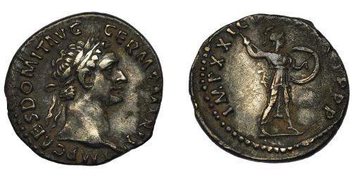 155   -  DOMICIANO. Denario. Roma. R/ Minerva a der.; IMP XXI C(…)P PP. AR 3,06 g. 18,6 mm. RIC-728. MBC.