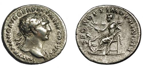 167   -  TRAJANO. Denario. Roma (103-111). R/ Pax sentada a izq. con rama y cetro; SPQR OPTIMO PRINCIPI. AR 2,83 g. 18,9 mm. RIC-187. Rayitas. MBC-