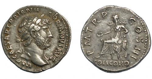 171   -  ADRIANO. Denario. Roma (121-123). R/ Concordia sentada a izq.; exergo CONCORD P M TR P COS III. AR 3,31 g. 18,4 mm. RIC-550. MBC+.