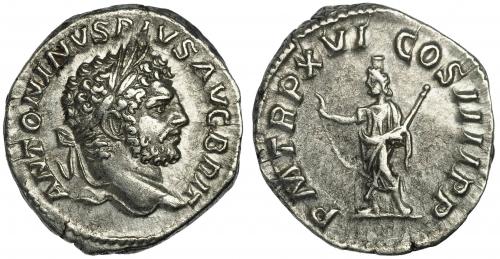 204   -  CARACALLA. Denario. Roma (213). R/ Serapis a izq. con cetro; P M TR P XVI COS IIII P P. AE 2,87 g. 18,1 mm. RIC-208a. MBC.