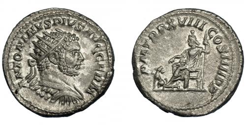 207   -  CARACALLA. Antoniniano. Roma (215). R/ Pluto sentado a izq. con cetro; P M TR P XVIII COS IIII P P. AR 4,90 g. 23,3 mm. RIC-261C. EBC-.