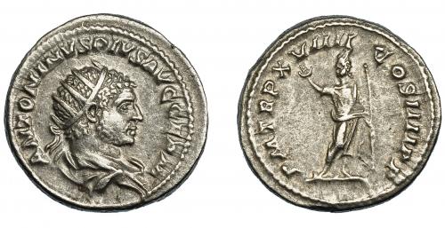208   -  CARACALLA. Antoniniano. Roma (215). R/ Serapis con cetro; P M TR P XVIII COS IIII P P. AR 5,40 g. 23,9 mm. RIC-263C. MBC+/MBC.