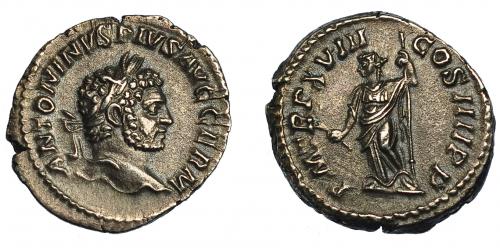 210   -  CARACALLA. Denario. Roma (213). R/ Pax a izq. Con rama y cetro; P M TR P XVIII COS IIII P P. AR 3,30 g. 19,1 mm. RIC-268. EBC-.