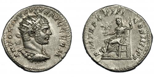 212   -  CARACALLA. Antoniniano. Roma (215). R/ Júpiter sentado a izq. con victoria, cetro y águila; P M TR P XVIII COS IIII P P. AR 4,63 g. 22,2 mm. RIC-277A. MBC+/MBC.
