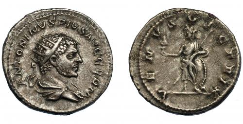 217   -  CARACALLA. Antoniniano. Roma (213-217). R/ Venus a izq. con Victoria, lanza y escudo; VENVS VICTRIX. AR 5,05 g. 22,7 mm. RIC-311D. MBC/MBC-.
