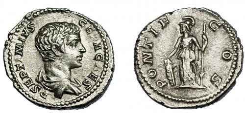 220   -  GETA. Denario. Roma (203-208). R/ Minerva a izq. con escudo y lanza; PONTIF COS. AR 3,65 g. 19,2 mm. RIC-34B. EBC-/MBC.